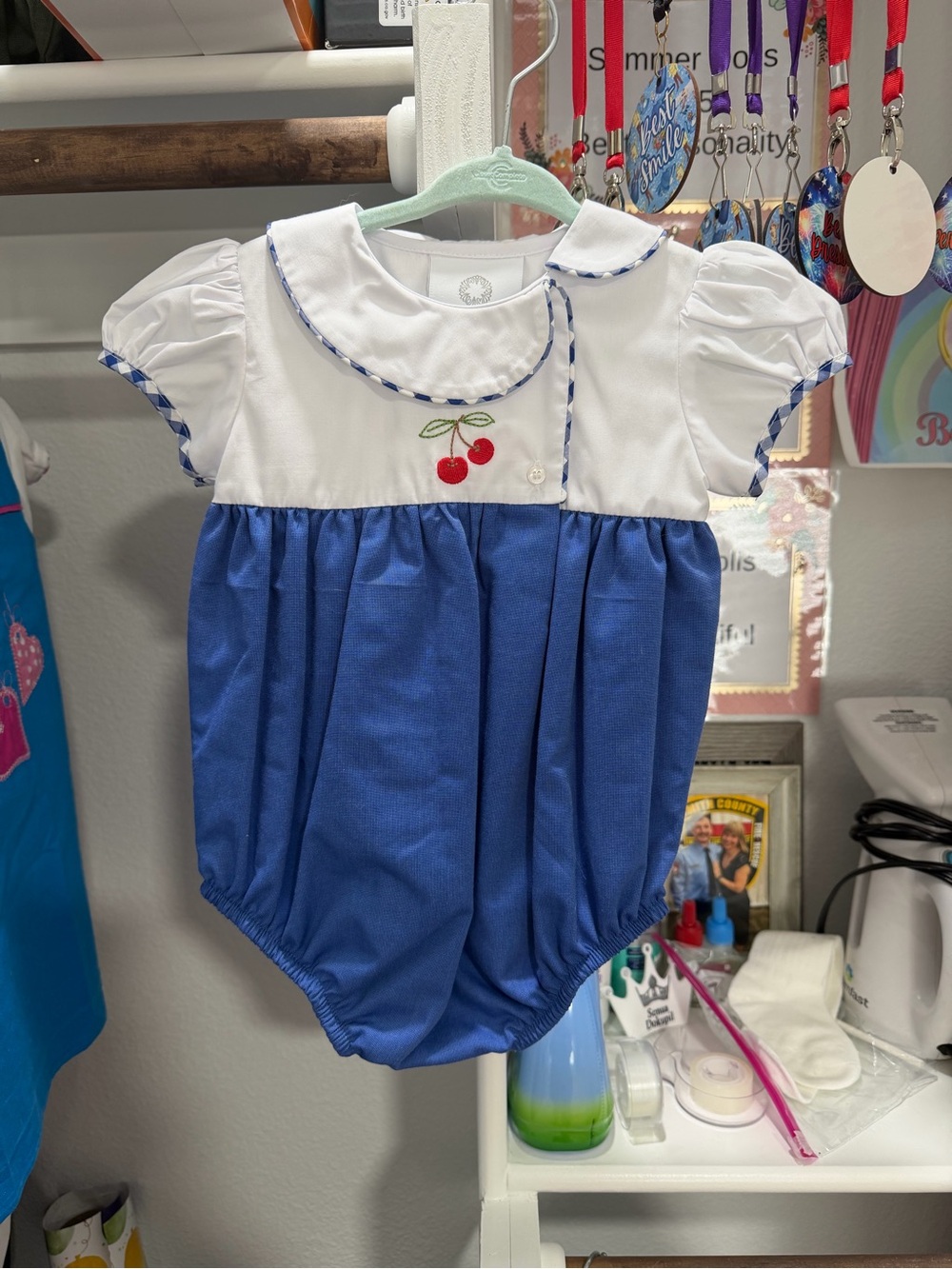 Blue & White Cherry-Embroidered Baby One-Piece Bodysuit
